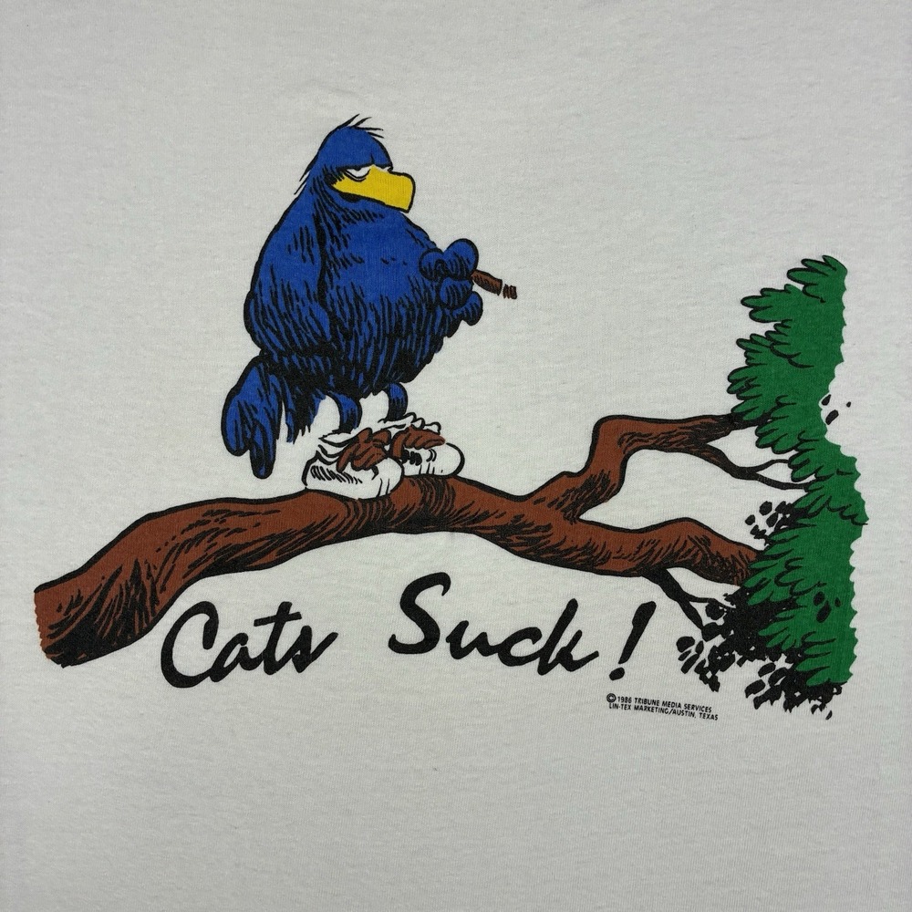 Vintage 80s Cats Suck T Shirt Mens Large White Funny Bird Graphic USA Tee - Picture 2 of 16